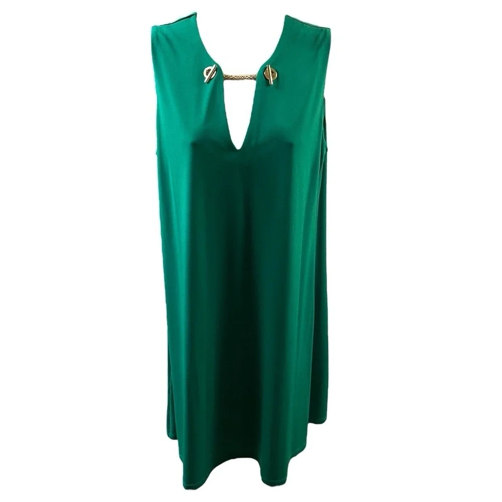 Calvin‎ Klein Shift Dress Womens 6 Green Gold Chain Detail Sleeveless V-Neckline - Picture 2 of 10